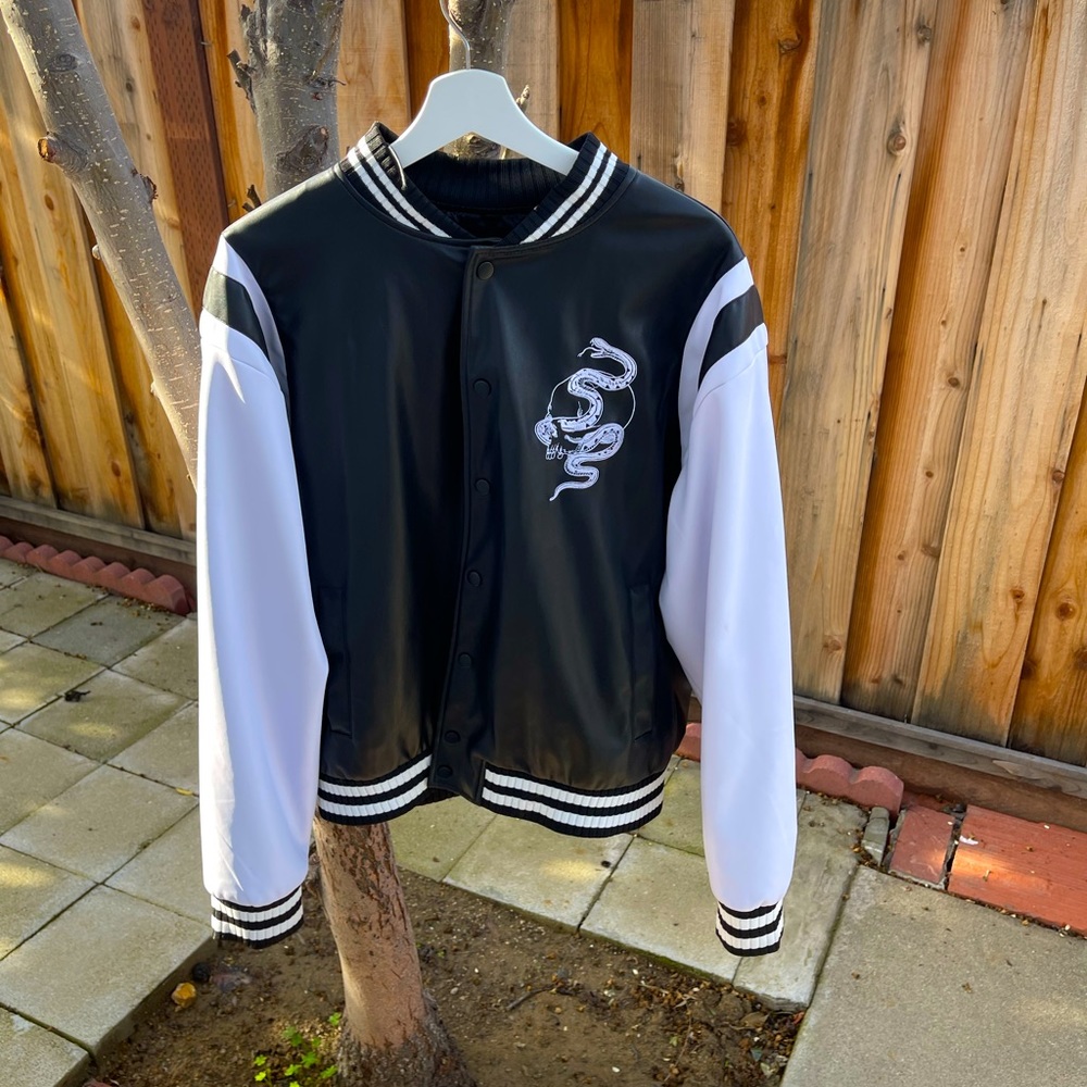Black and white varsity jacket